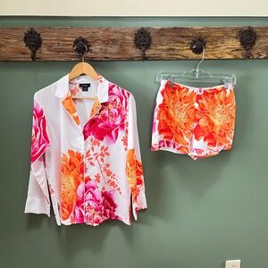 Natori Womens Pajama Set Small Pink Orange Floral Long Sleeve Shirt Shorts 2pc
